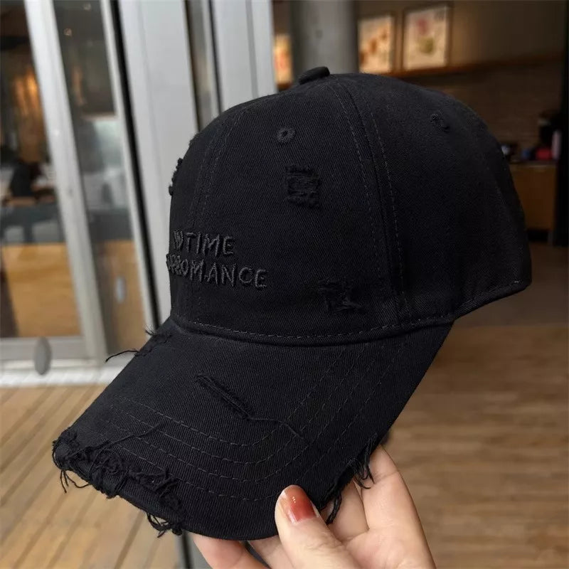 Distressed cotton cap side profile showing crown height