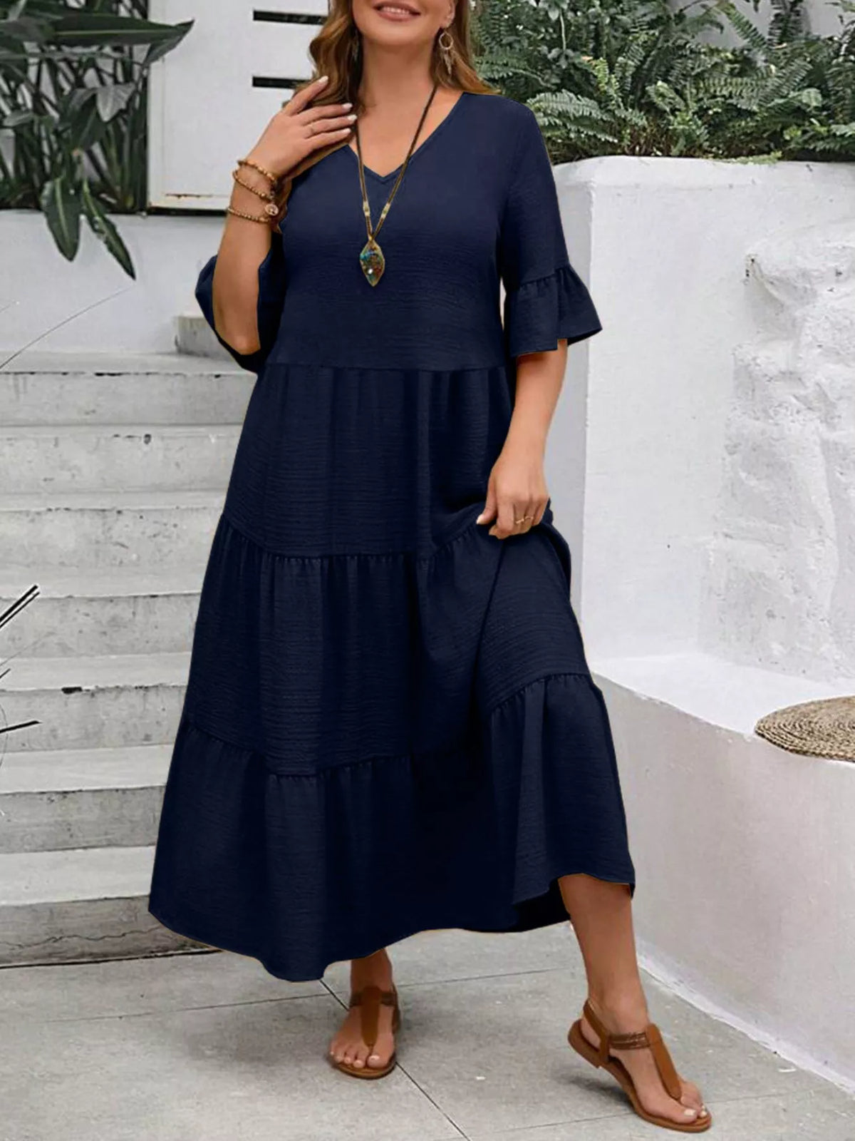 Plus Size Ruffle Sleeve Tiered Midi Dress, view 16