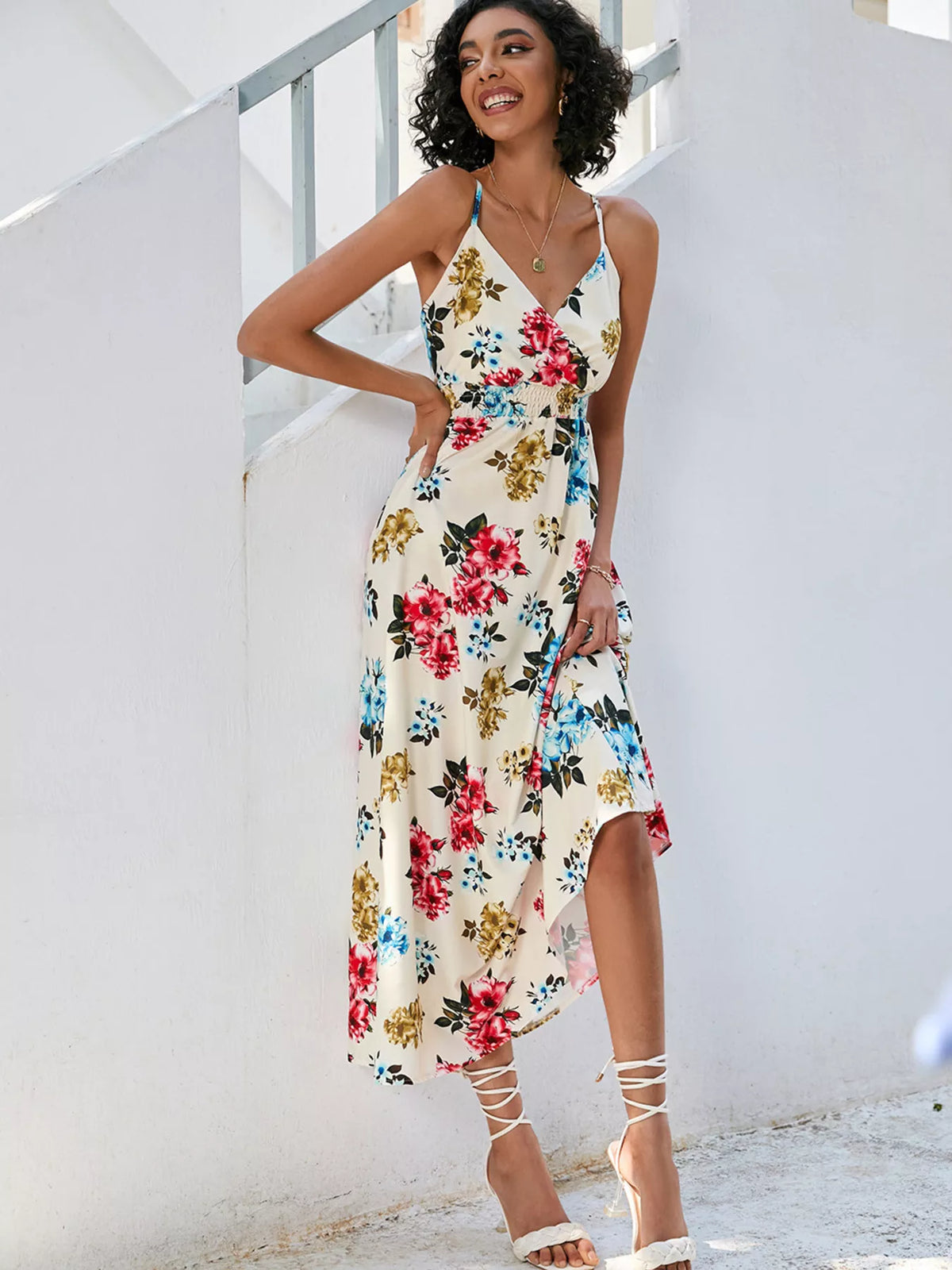 Floral print spaghetti strap midi dress close up view