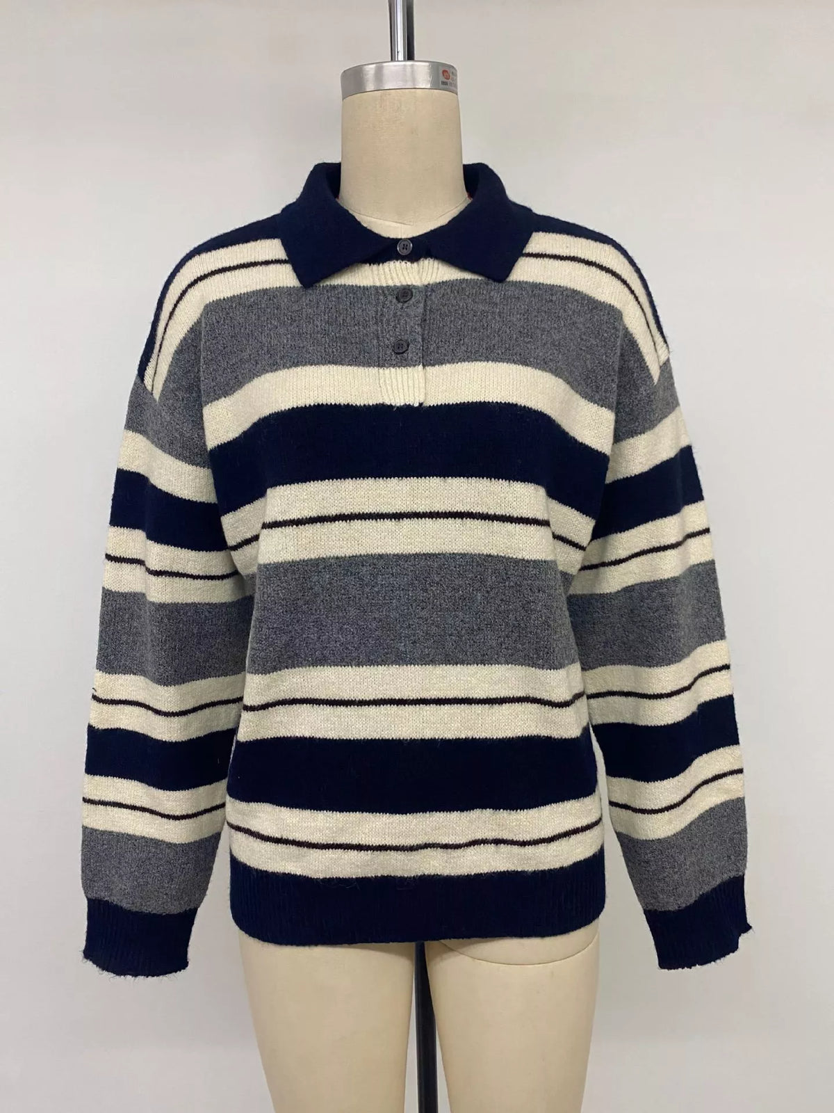 Striped Button Detail Long Sleeve Sweater view 9