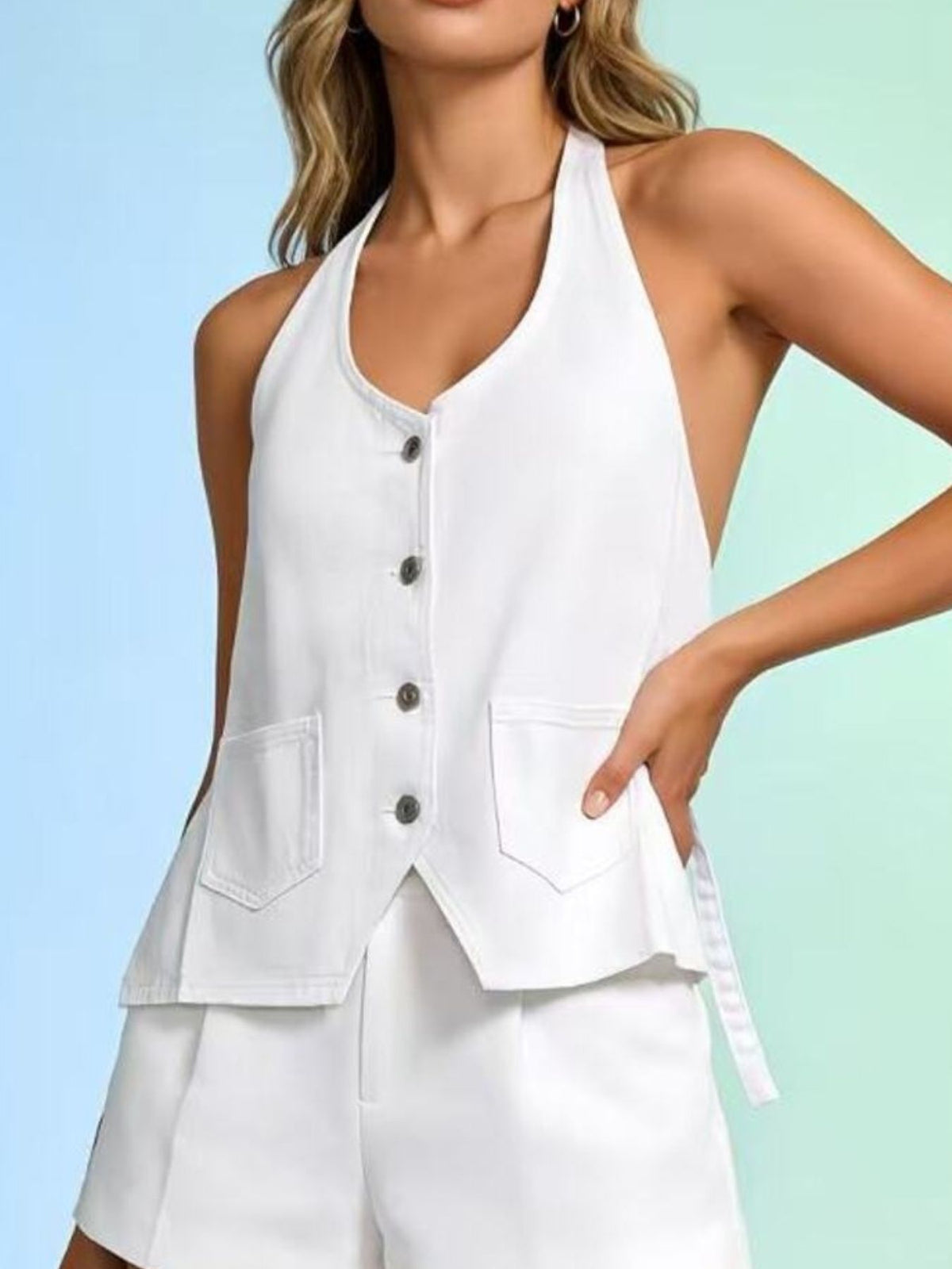 Halter Neck Button Down Denim Vest in Dark Blue detail