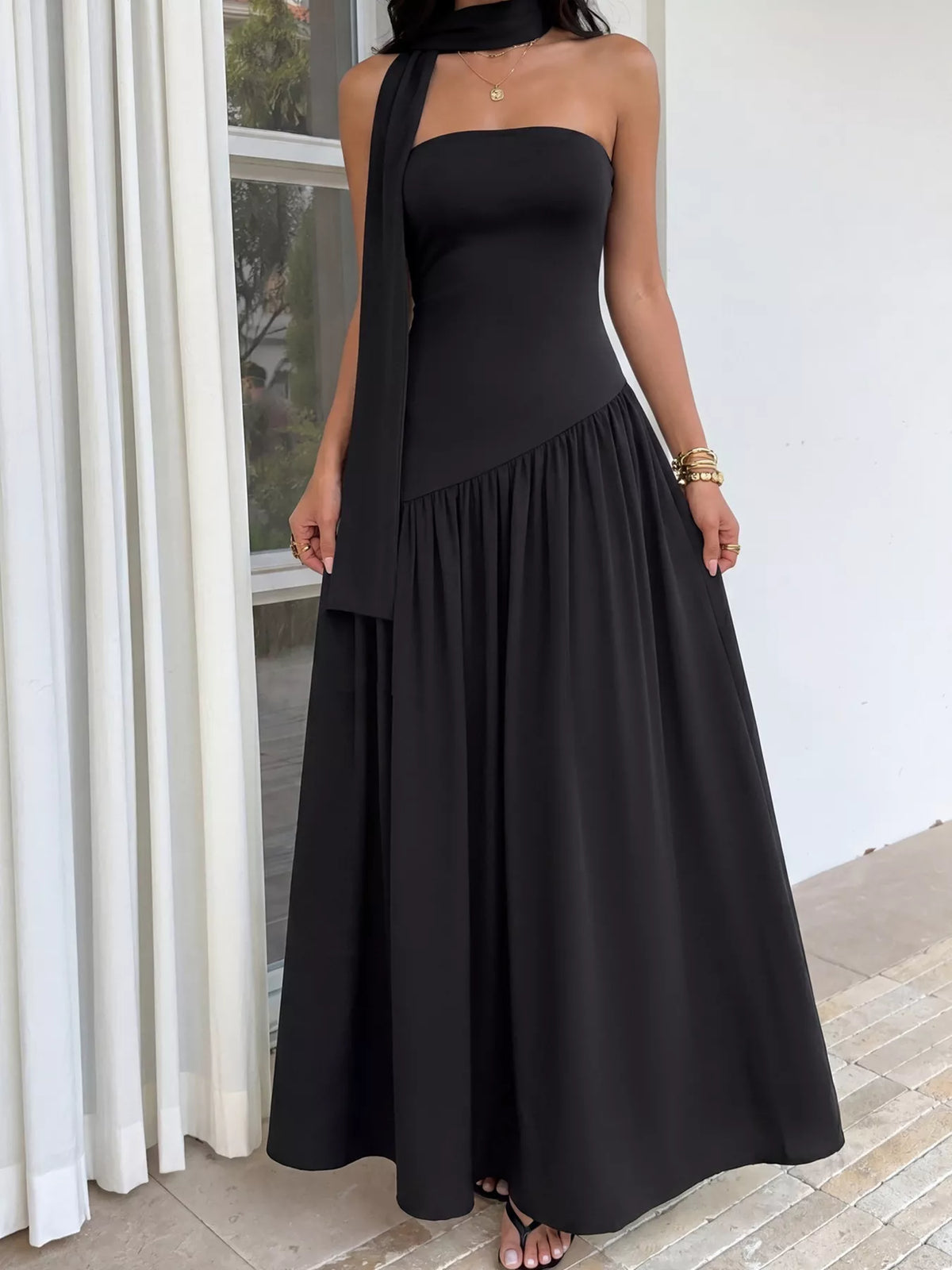 Black slit tube maxi dress with scarf front view