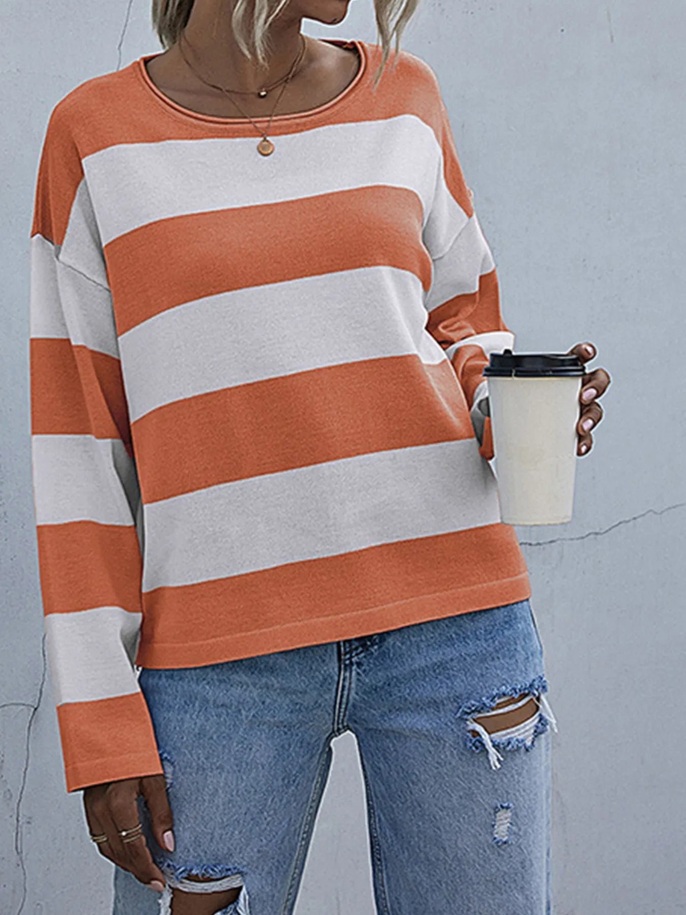 Striped Casual Long Sleeve Knit Top - Fashorio