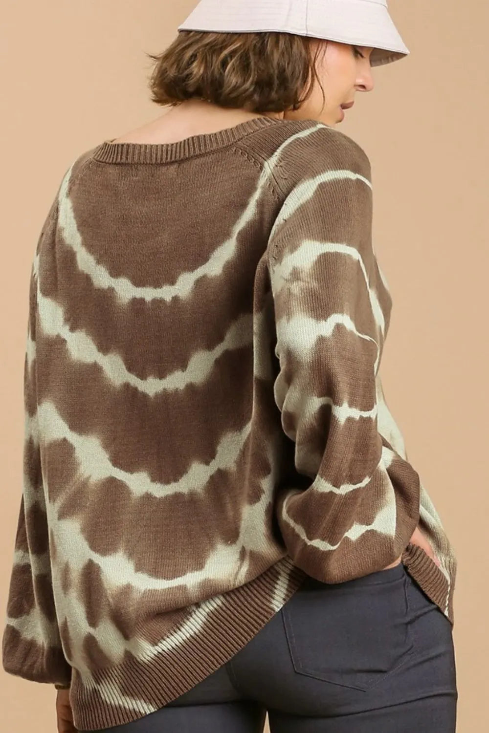 Tie Dye Ribbed Hem Round Neck Sweater Plus Size in Coffee Brown close up
