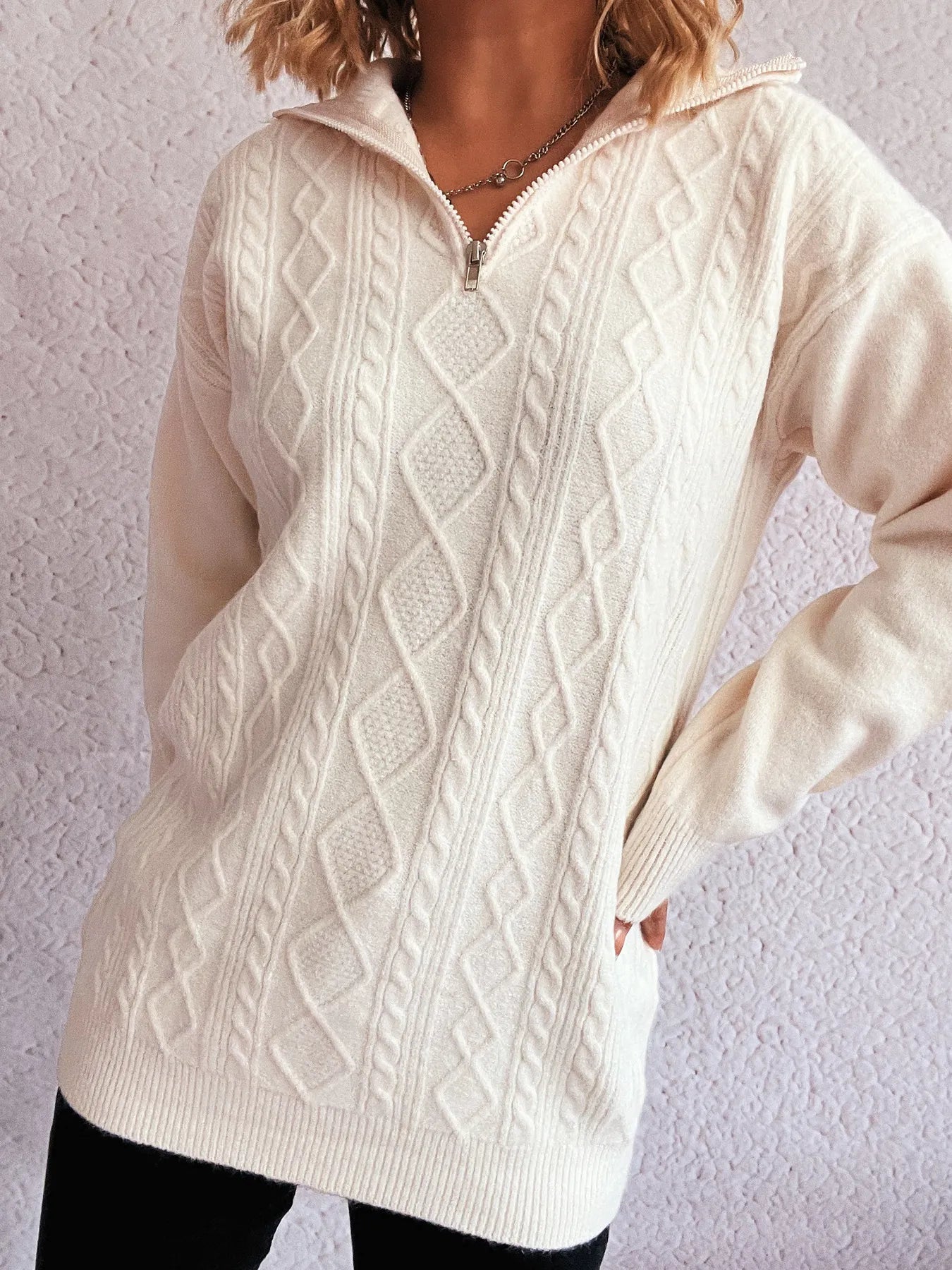 Texture Zip Collar Long Sleeve Sweater - Fashorio