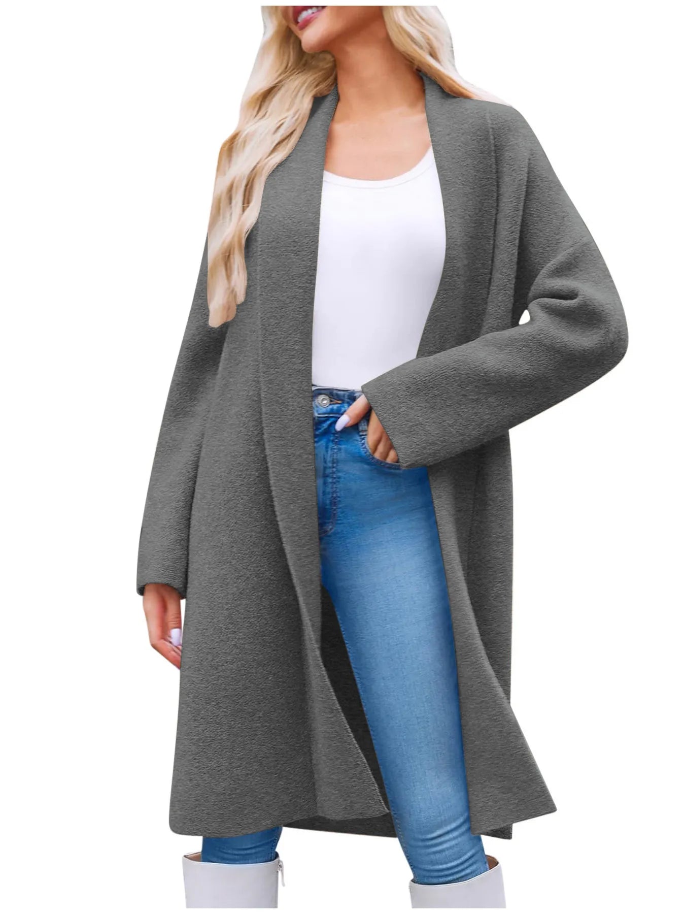 Open Front Longline Coat Dark Gray - Fashorio