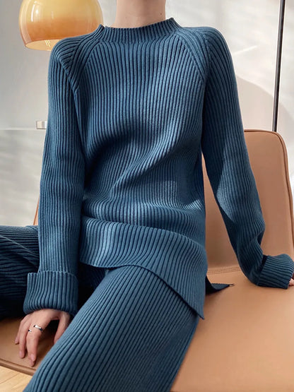 Mock Neck Raglan Sleeve Top and Pants Sweater Set - Fashorio