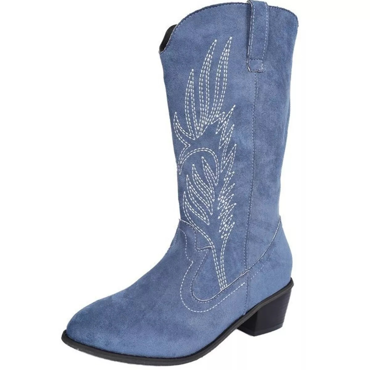 Point toe block heel boots, detail of stitching