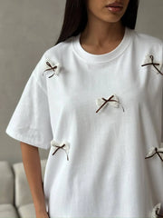 Bow Round Neck Oversized T-Shirt White - Fashorio