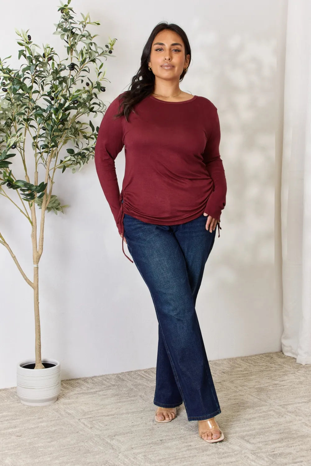 Culture Code Full Size Drawstring Round Neck Long Sleeve Top - Fashorio