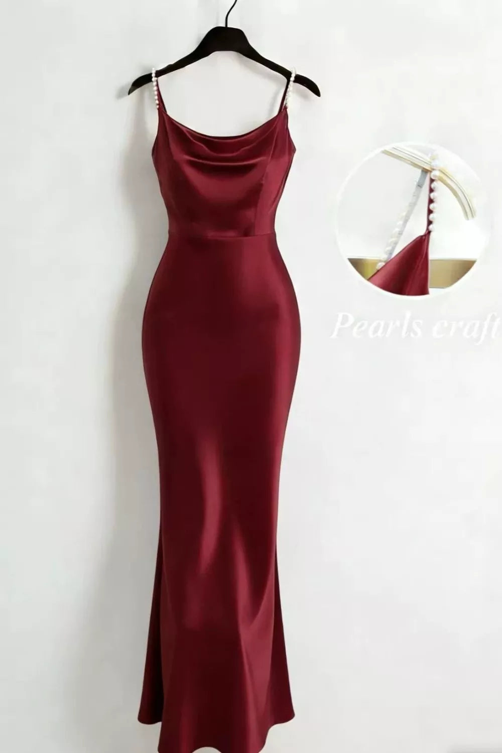 Burgundy satin cowl neck maxi dress with pearl straps front view