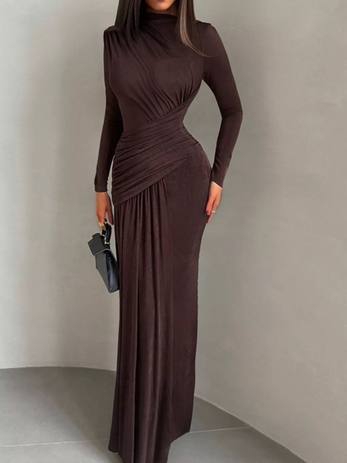 Ruched long sleeve maxi dress pink colourway