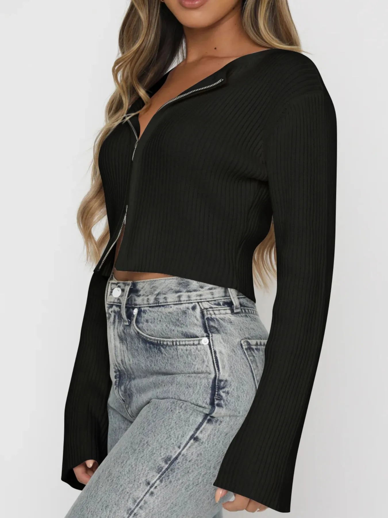 Ribbed Zip-Up Cropped Cardigan Black - Fashorio