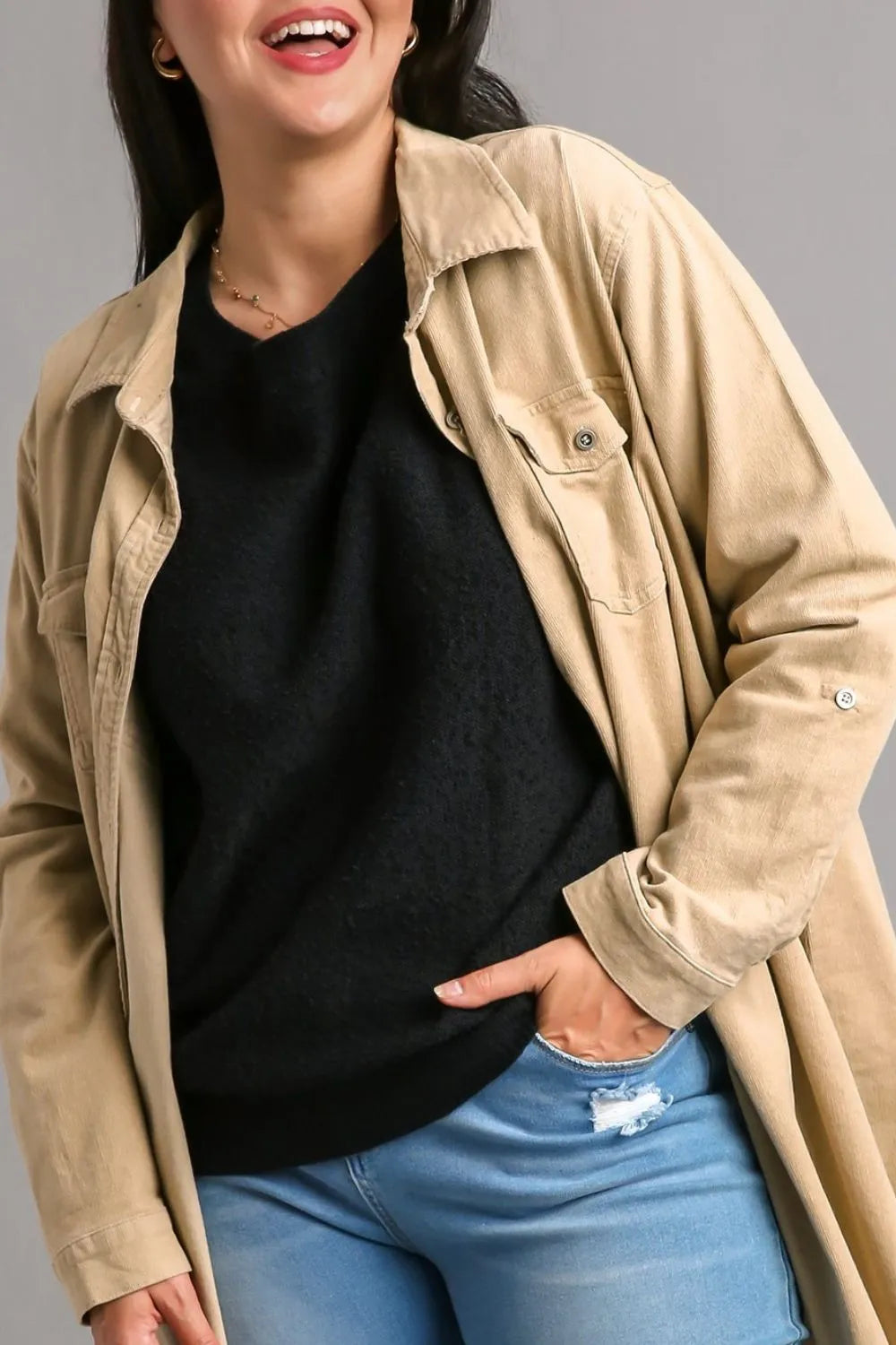 Round Neck Long Sleeve Sweater Plus Size in Black detail