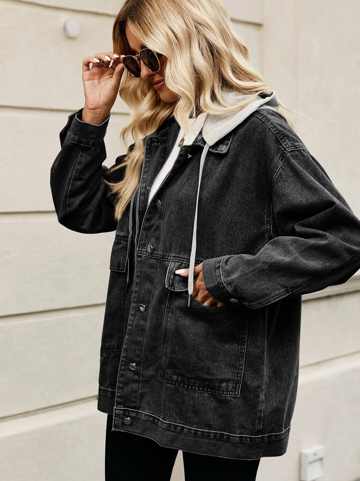 Oversized Hooded Denim Jacket in Light Blue view 15