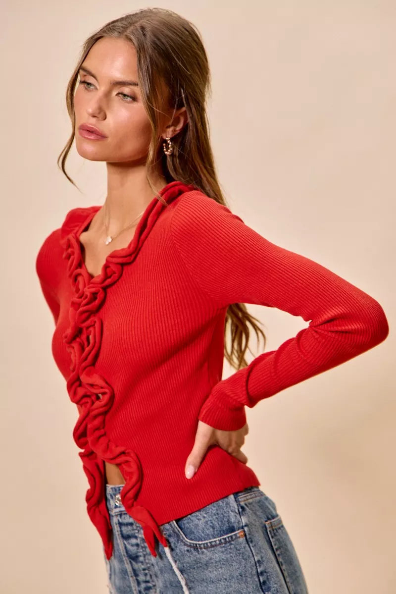 Cascade Ruffle Ribbed Knit Sweater Cardigan, view 17