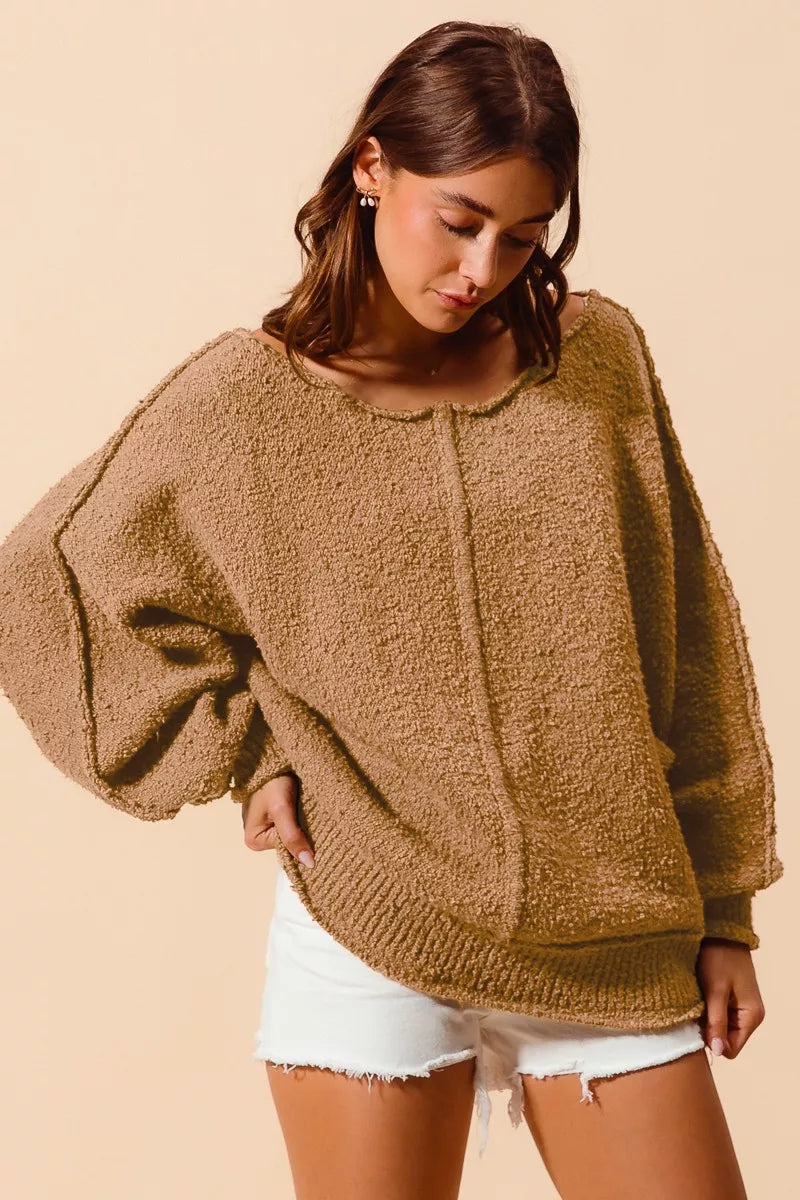 Slouchy Boucle Exposed Seam Sweater in Taupe styled look