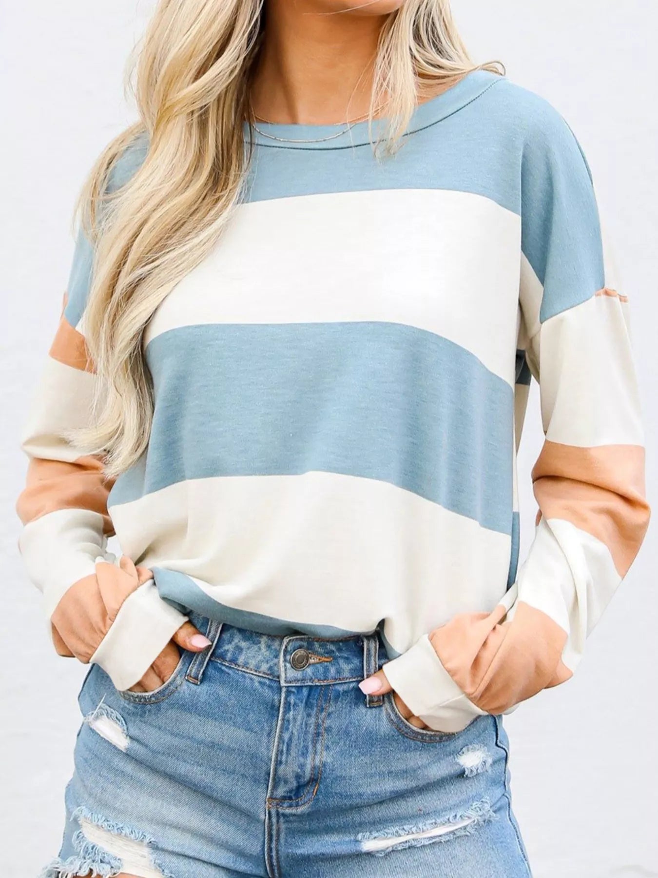 Color Block Drop Shoulder Long Sleeve Top - Fashorio