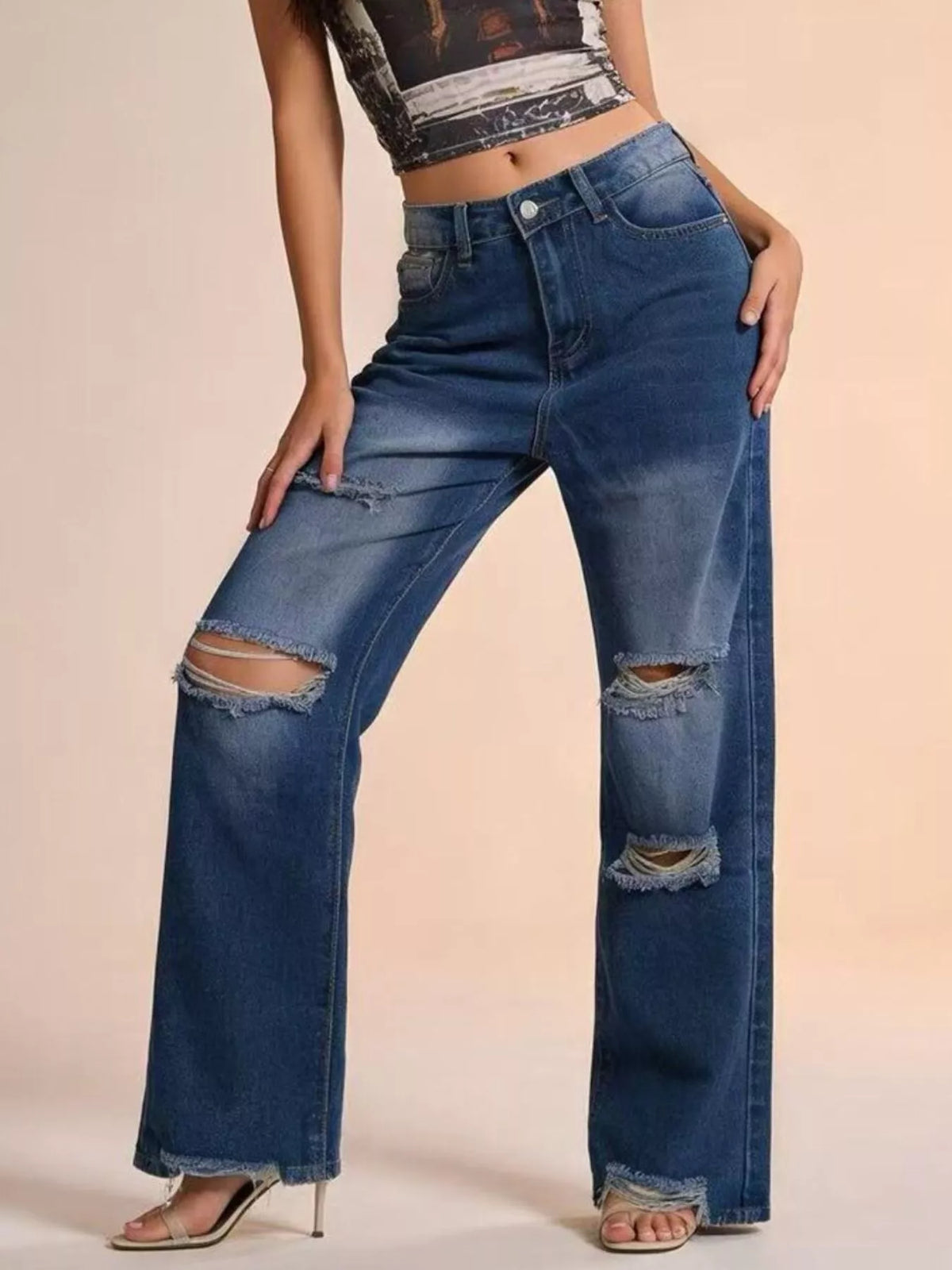 Distressed wide leg jeans front view