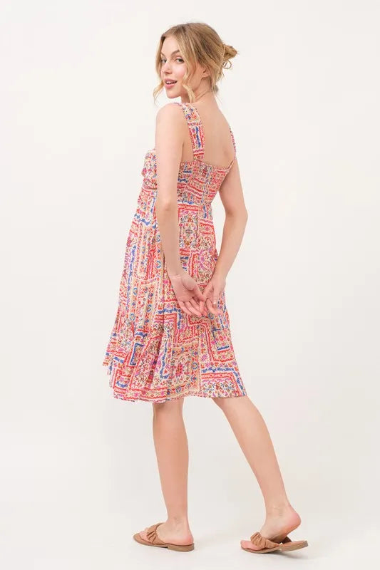 Tie Front Smocked Tiered Boho Dress in Red close up