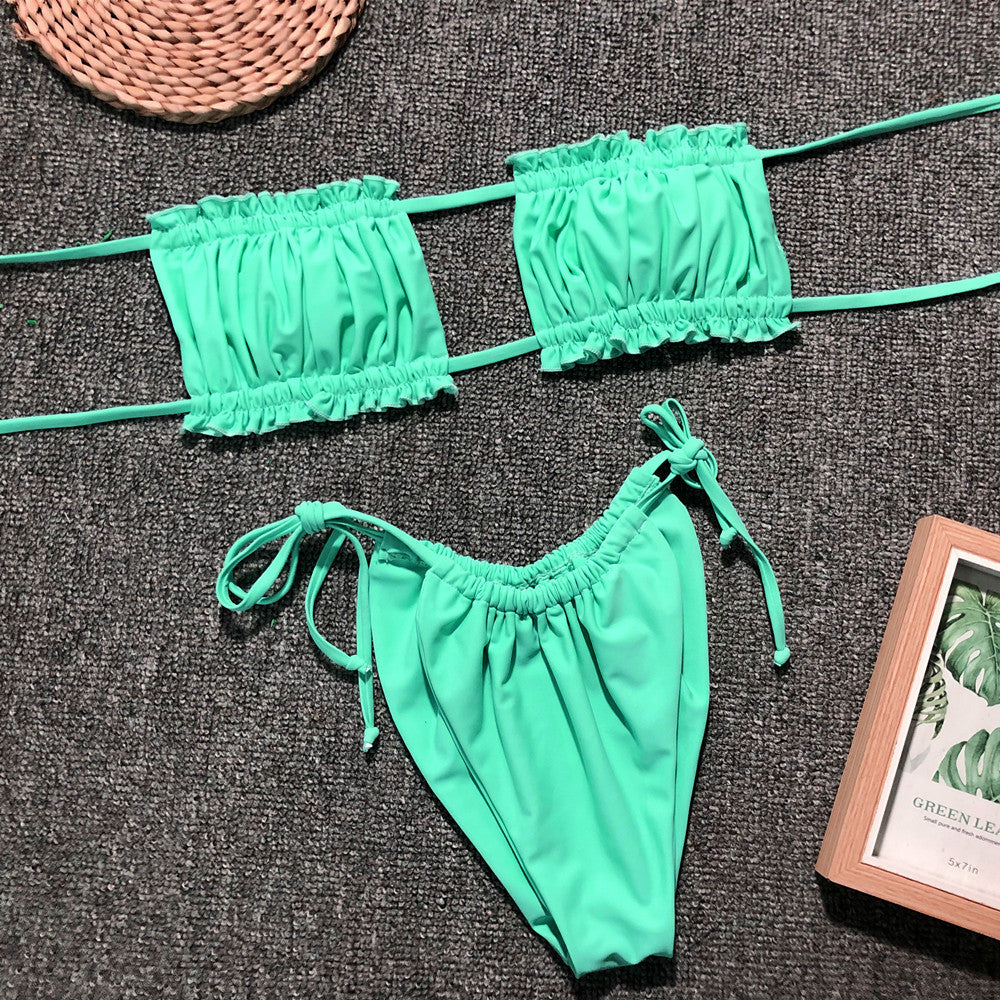 Frill Trim Ruched Bikini Set - Removable Padding Tie Sides Neon Green - Fashorio