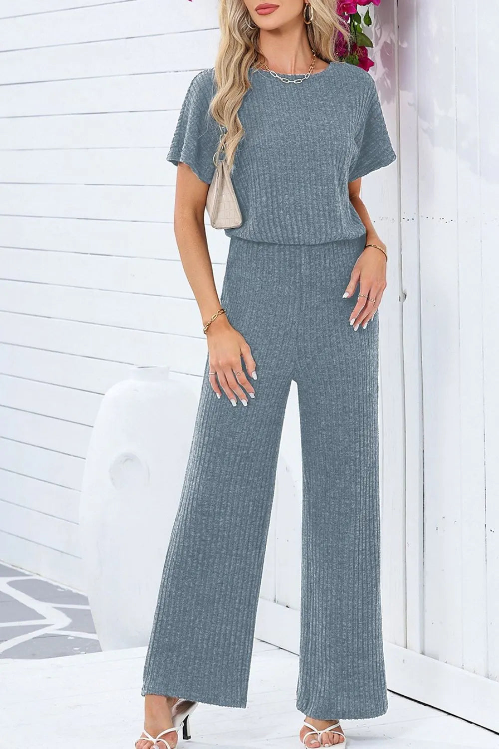 Ribbed Short Sleeve Wide Leg Jumpsuit - Fashorio