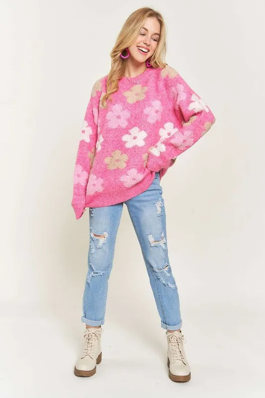 ADORA Full Size Floral Popped 2-Tone Sweater Top Plus Size - Fashorio