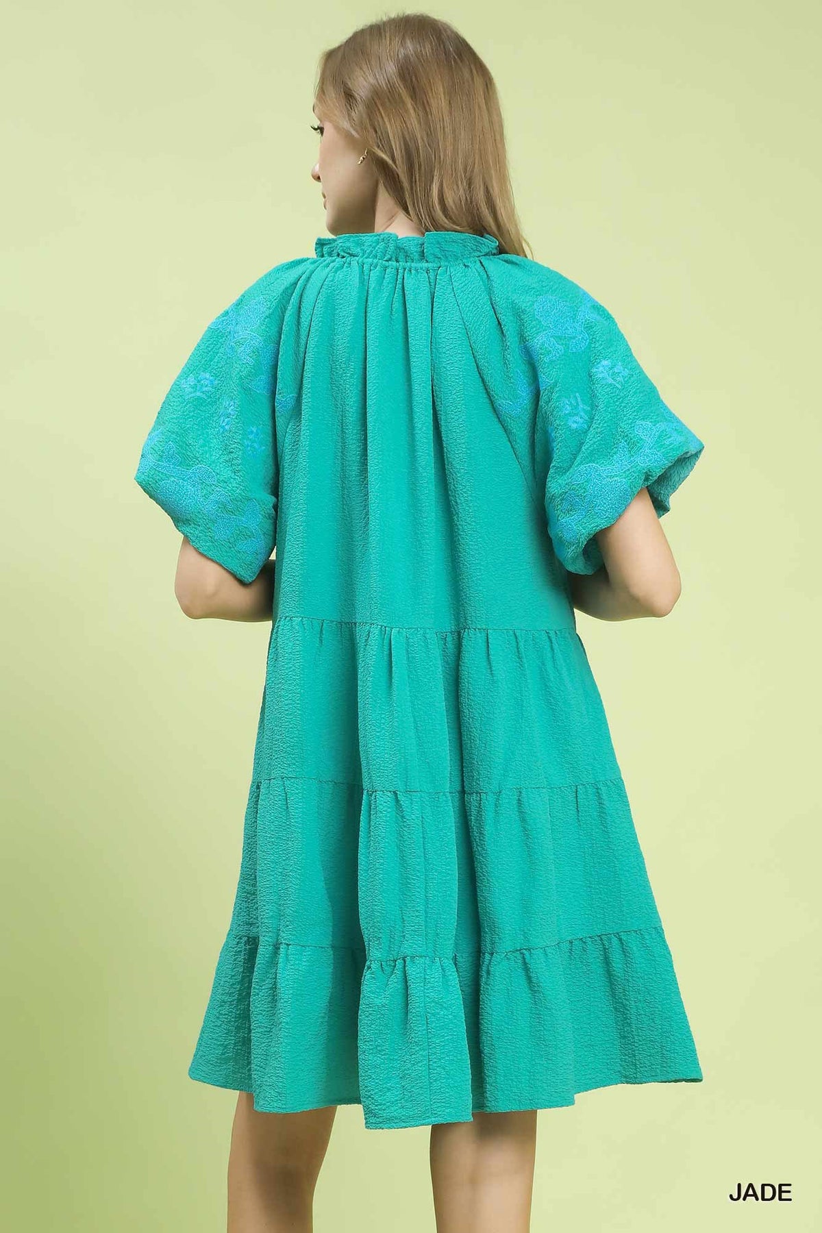 Embroidered Tiered Puff Sleeve Mini Dress side view