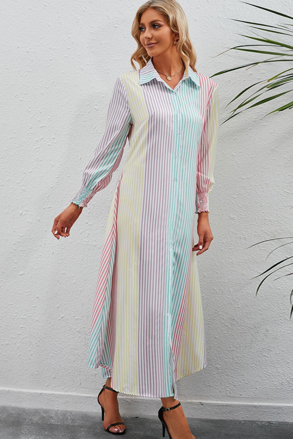 Rainbow stripe button up shirt dress back view