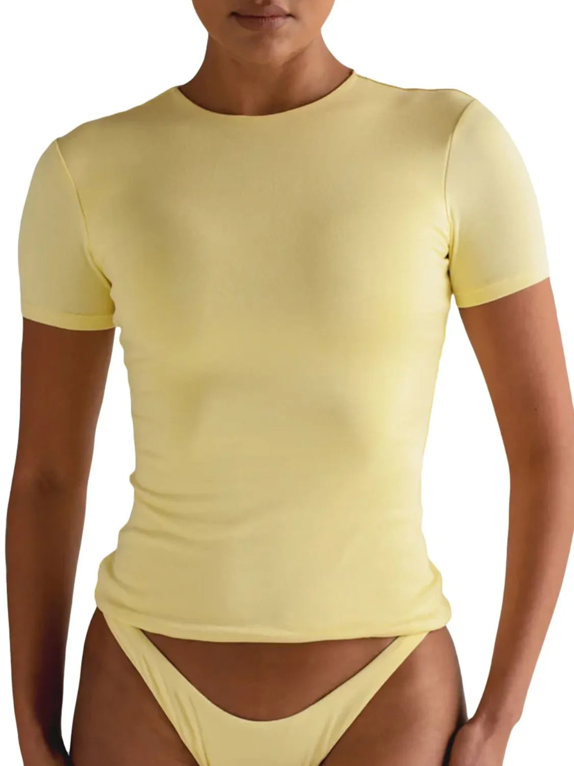 Round Neck Short Sleeve Swim Top Pastel Yellow - Fashorio