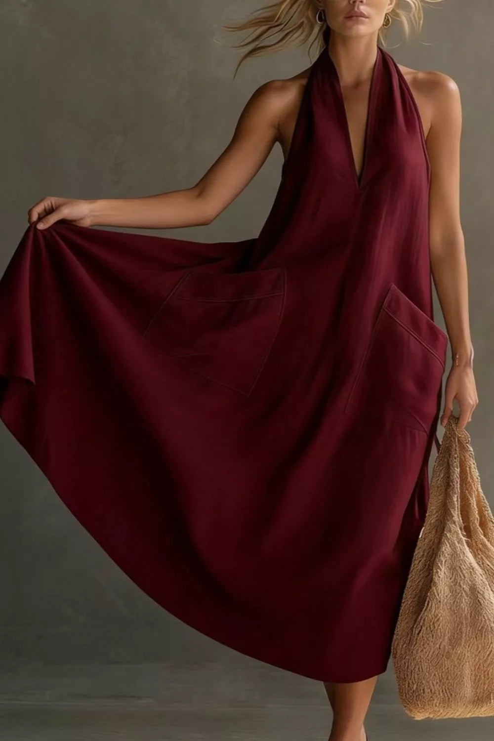 Halter neck pocket midi dress, front view