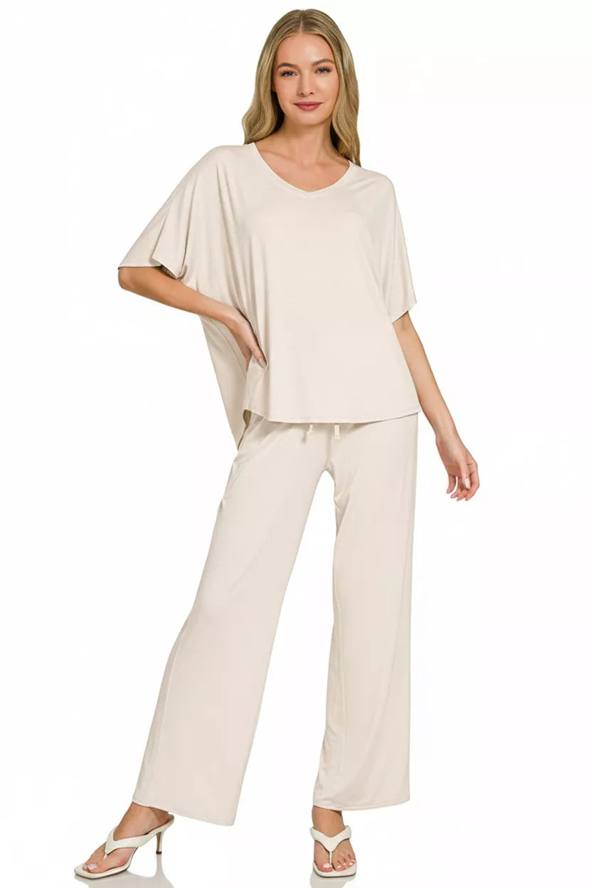 Beige coordinated top and pants set full length