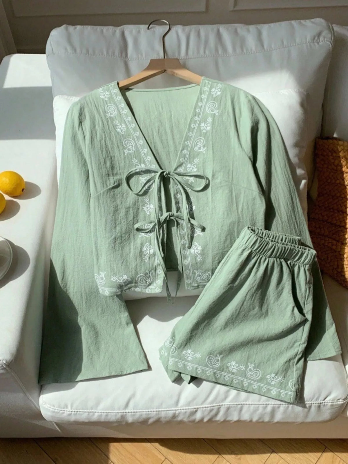 Embroidered Tie Front Top and Shorts Set, view 11