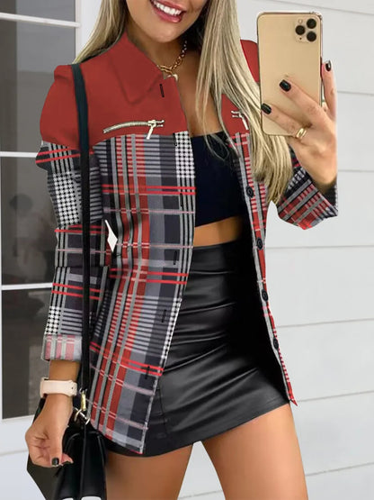 Printed Button Up Zip Detail Shacket Deep Red - Fashorio