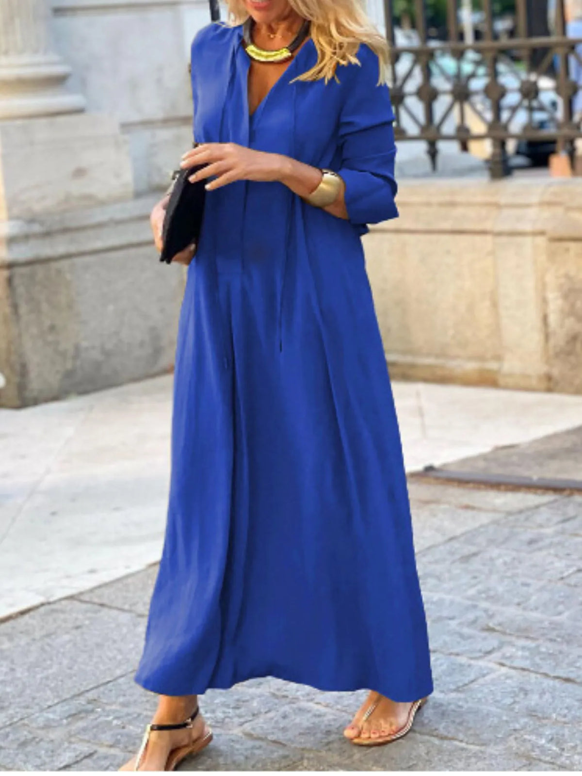 Solid maxi shirt dress front view