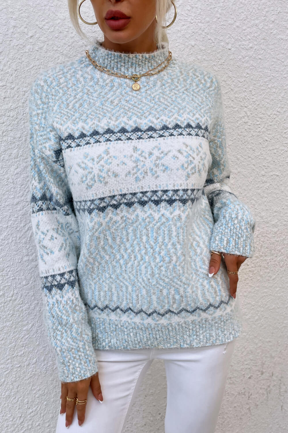 Snowflake Pattern Mock Neck Sweater Pastel Blue - Fashorio