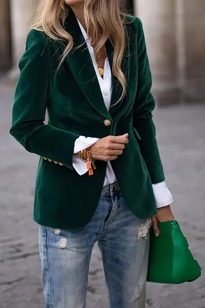 One Button Lapel Collar Long Sleeve Blazer Black Forest - Fashorio