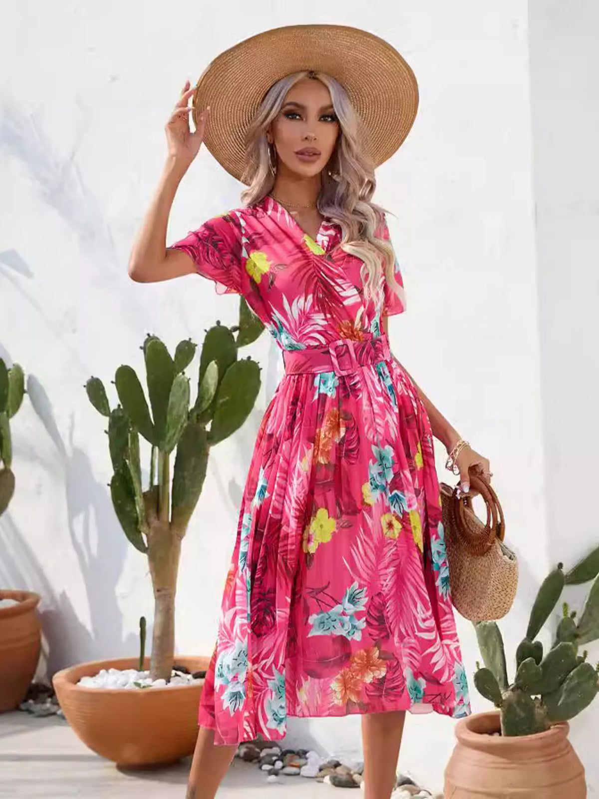 Close view of the tropical print fabric