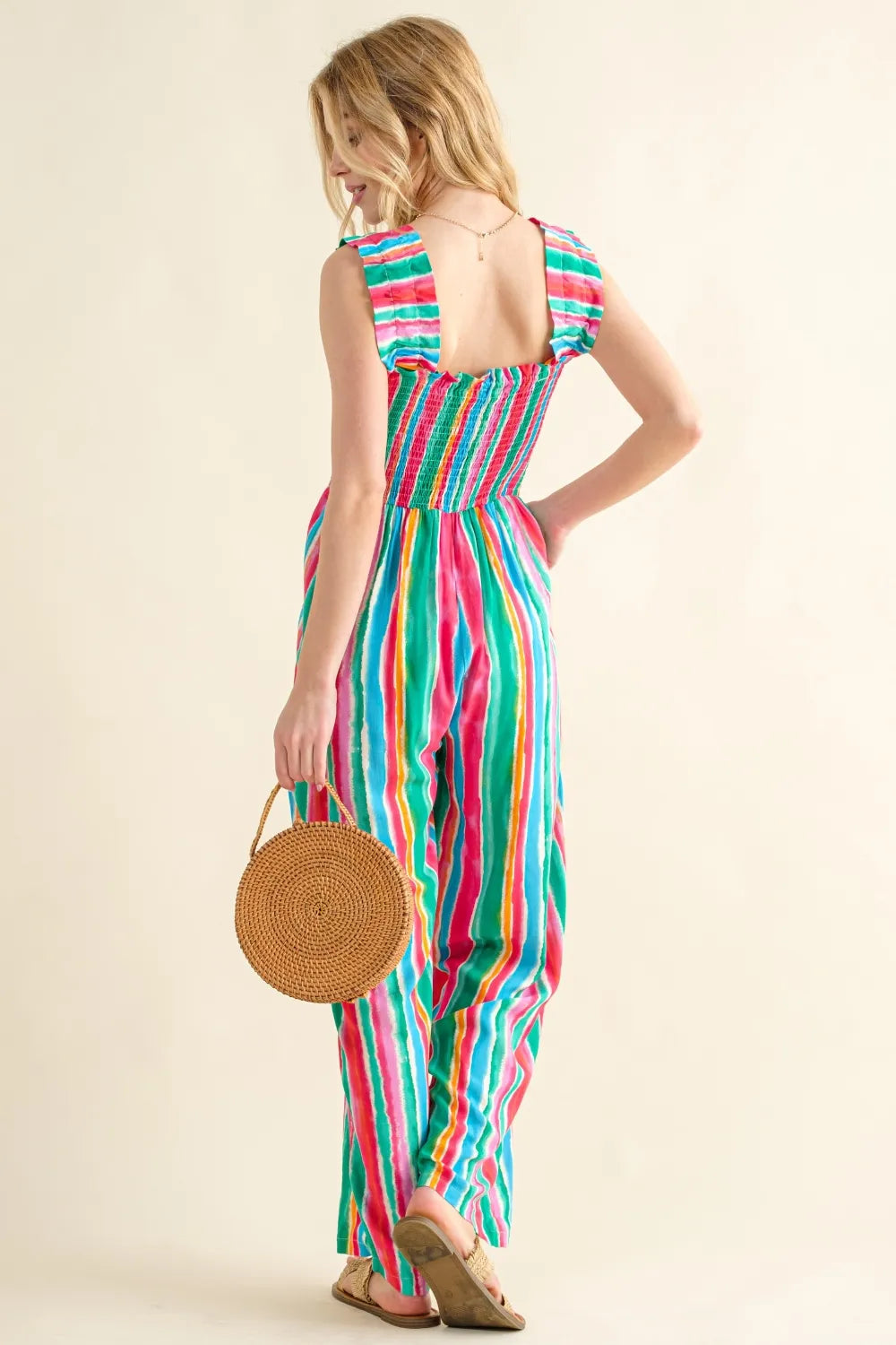 Striped Smocked Sleeveless Jumpsuit back view