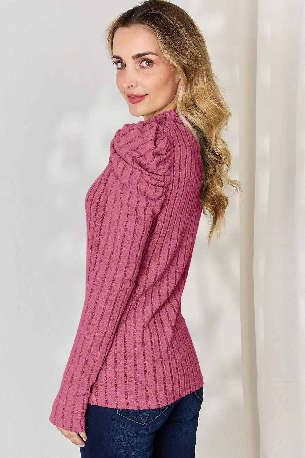 Basic Bae Ribbed Mock Neck Puff Sleeve Top, view 33