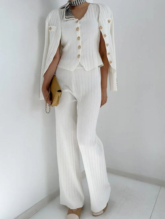 V-Neck Tank, Cardigan and Pants Three-Piece Sweater Set White One Size - Fashorio