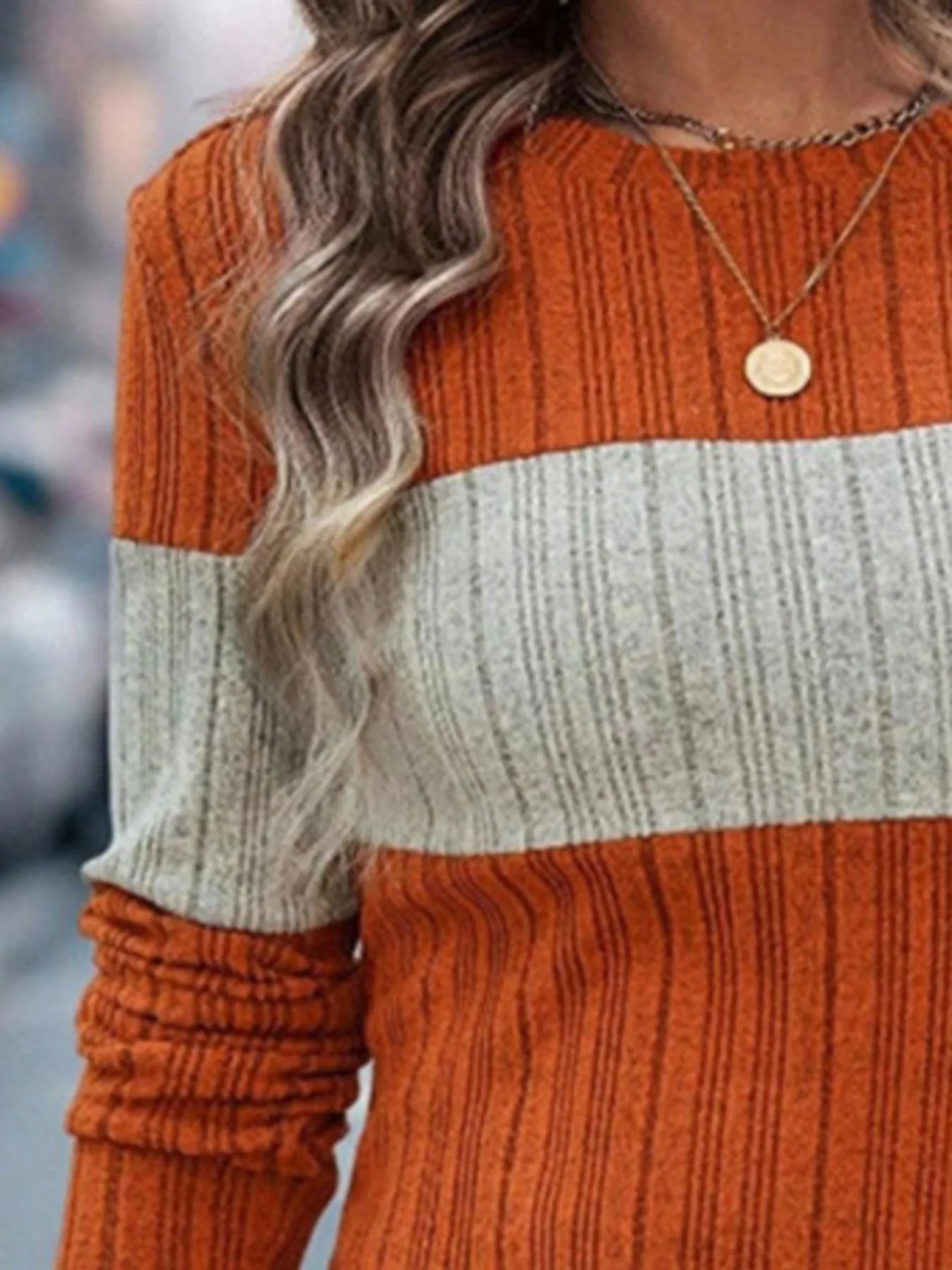 Color Block Round Neck Long Sleeve Sweater - Fashorio