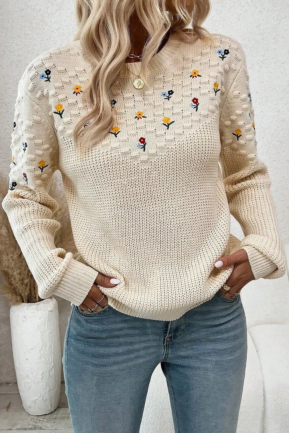 floral embroidered drop shoulder sweater beige front view