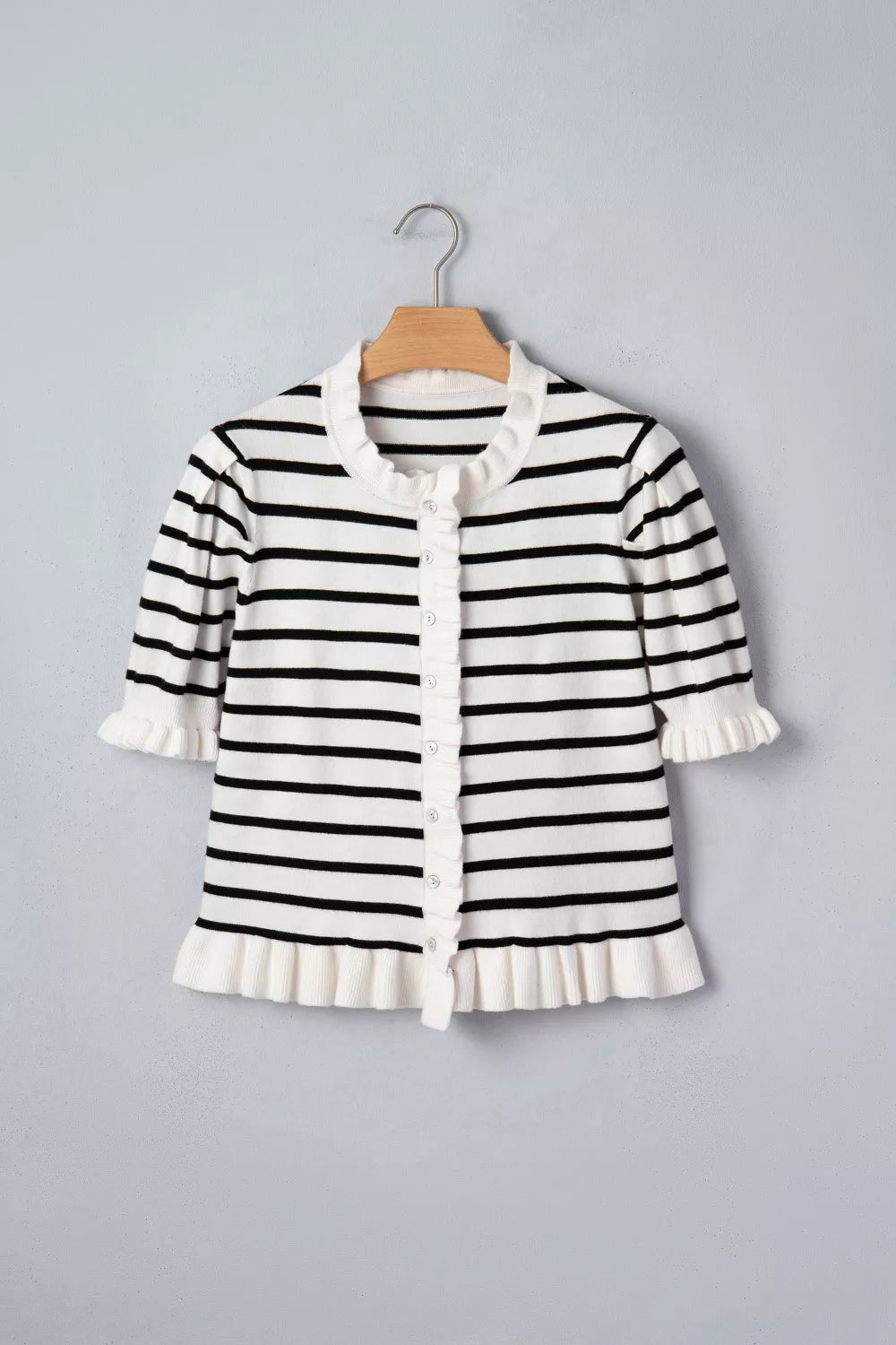 Striped short sleeve cardigan side view
