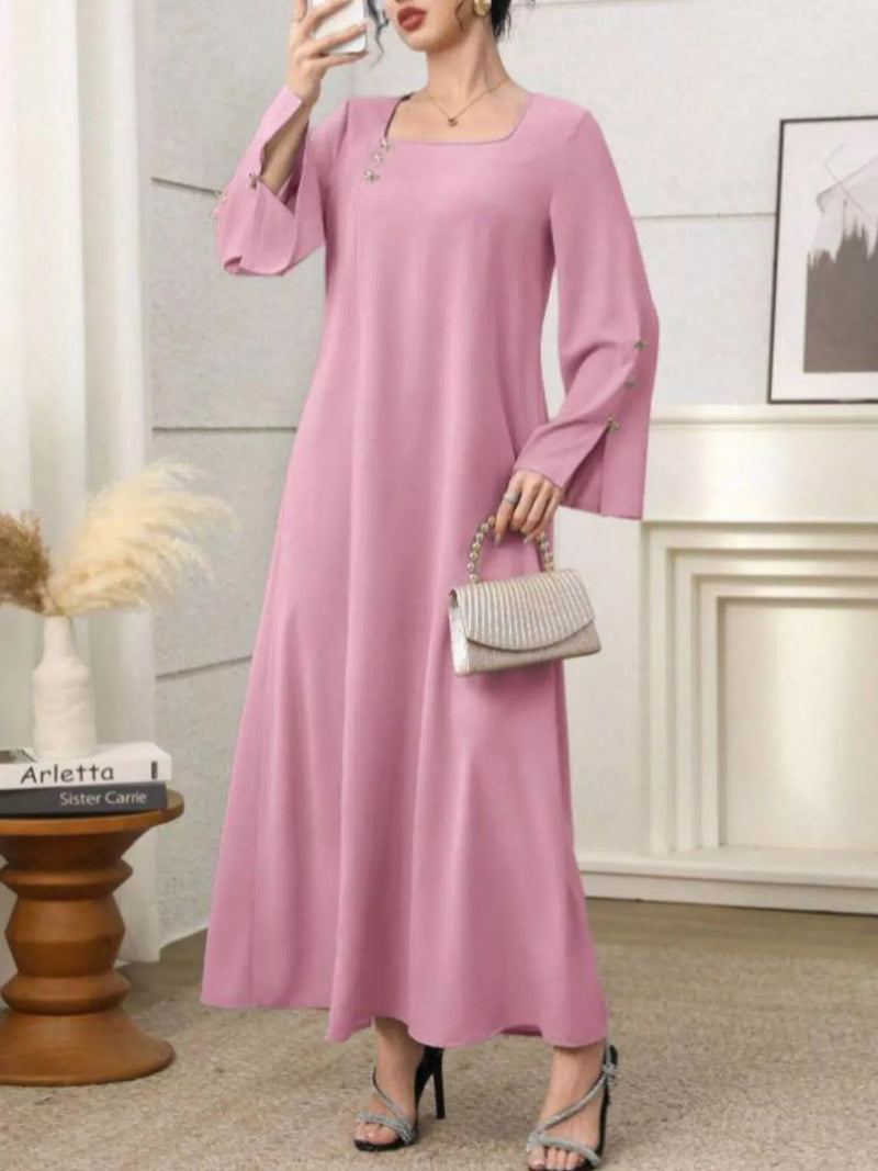dusty pink square neck long sleeve maxi dress front view