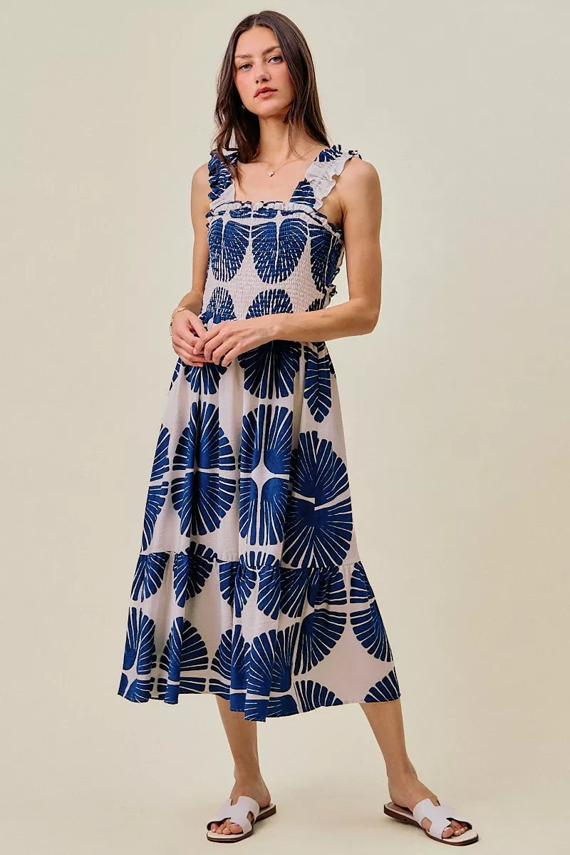 Navy abstract print smocked bodice tiered midi dress front view