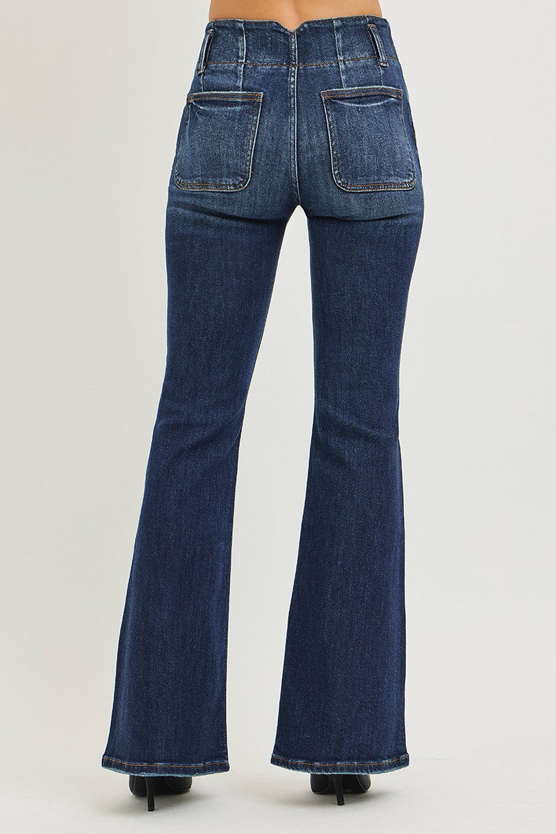 High rise flare jeans full length styled
