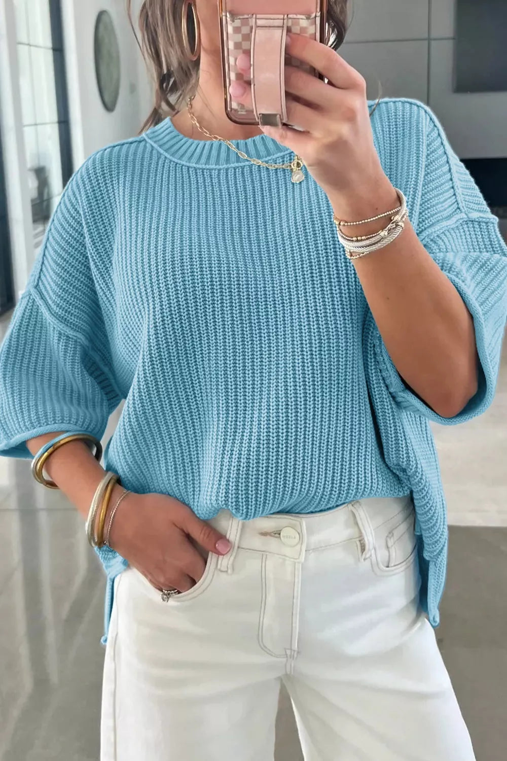 Pastel blue knit sweater with half sleeves side detail