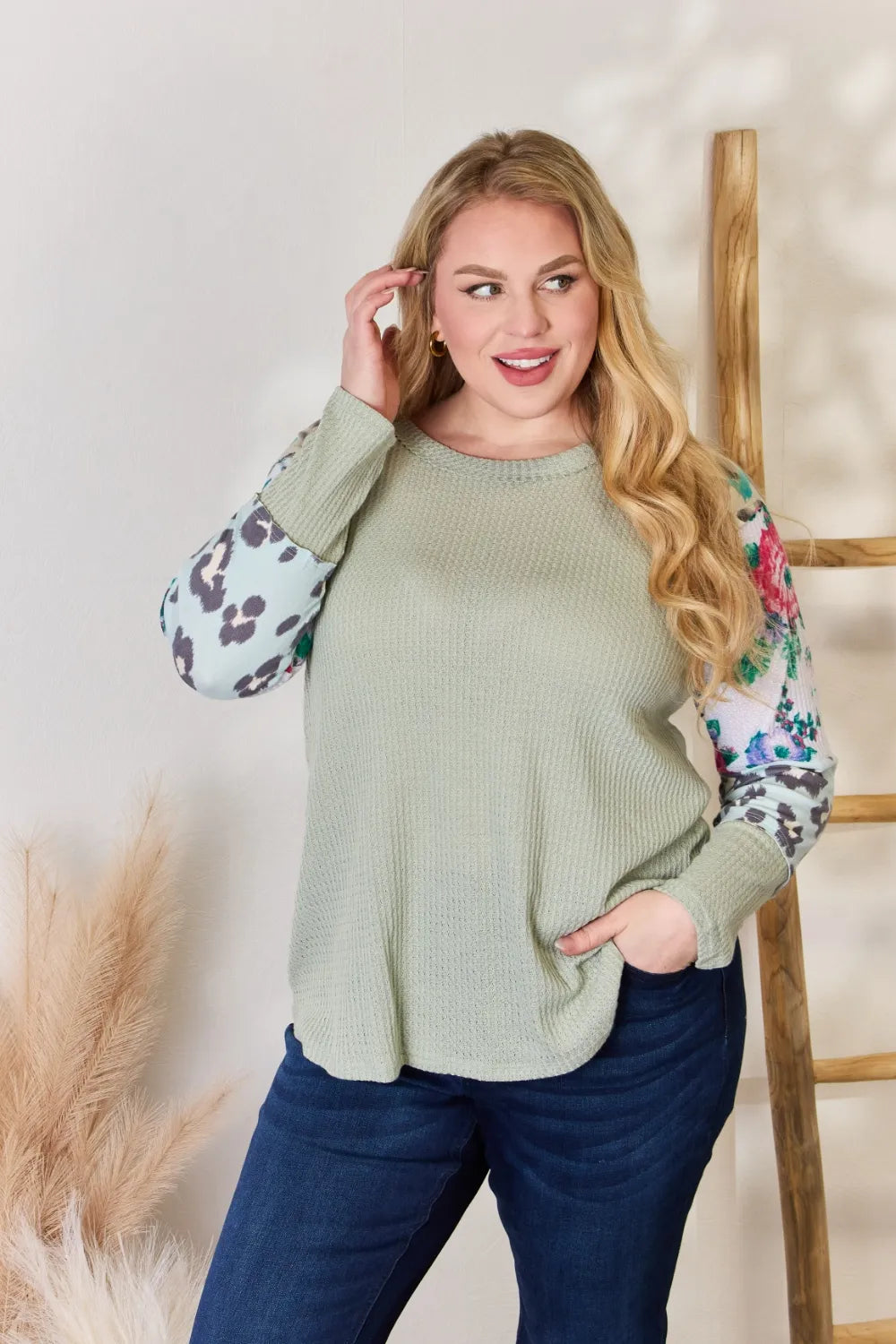 Hailey & Co Full Size Printed Round Neck Blouse - Fashorio