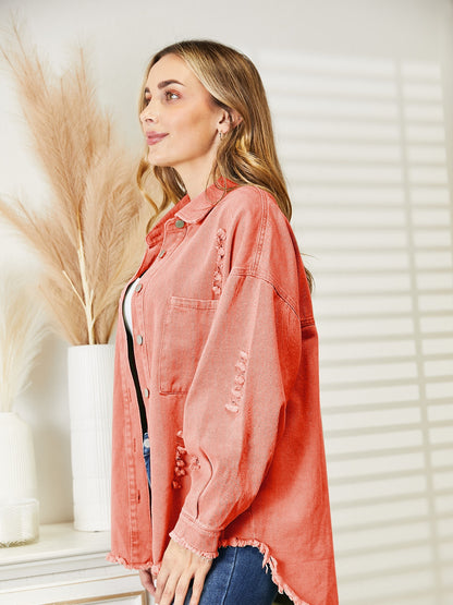Distressed Raw Hem Denim Jacket - Fashorio